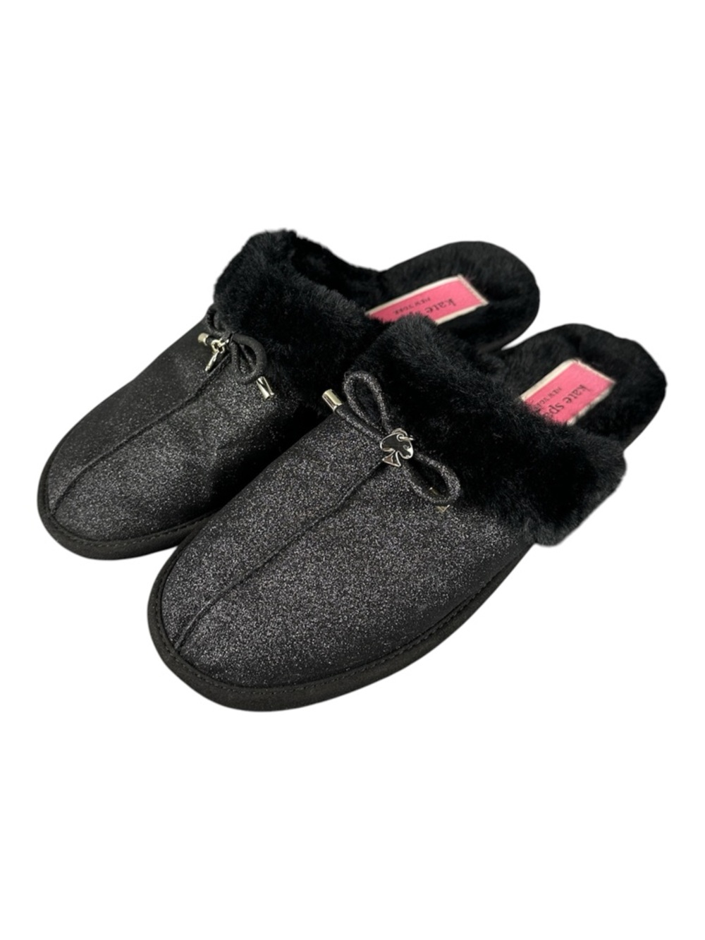 Kate Spade Lacey Slippers Women's 8B Black Shimmer Faux Fur Bow Charm Cozy Mule